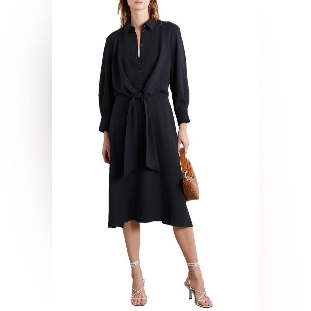 CEFINN ESTHER TIE-DETAILED CREPE MIDI SHIRT DRESS IN NAVY SZ US 10